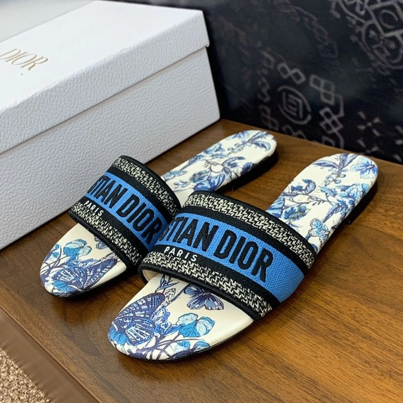 Christian Dior Dway Slides Women Toile de Jouy Mexico Motif Canvas White Blue GoodFit 1849 - Image 3