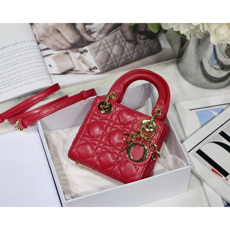 1 interio Christian Dior Micro Lady Dior Bag Red Cannage Lambskin - Image 3