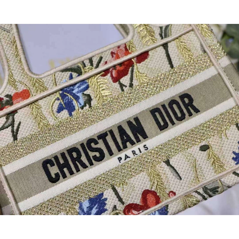 'Christia Christian Dior Mini Book Tote Beige Multicolor Hibiscus Metallic Thread Embroidery - Image 3