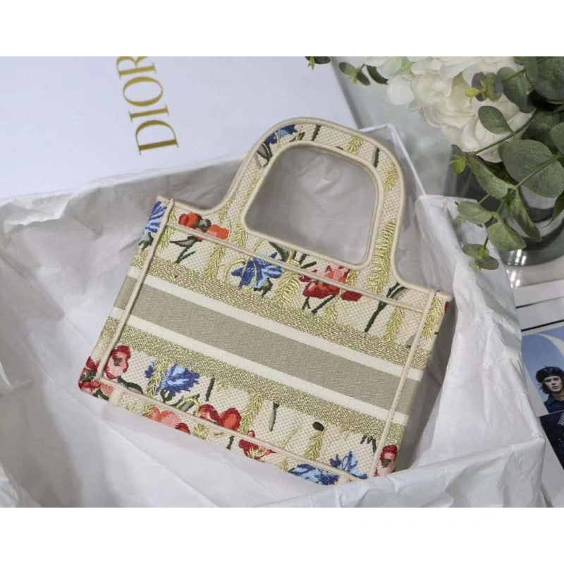 'Christia Christian Dior Mini Book Tote Beige Multicolor Hibiscus Metallic Thread Embroidery - Image 5