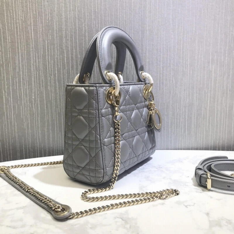 17 x 15 x Christian Dior Mini Lady Dior Bag Grey Cannage Lambskin - Image 13