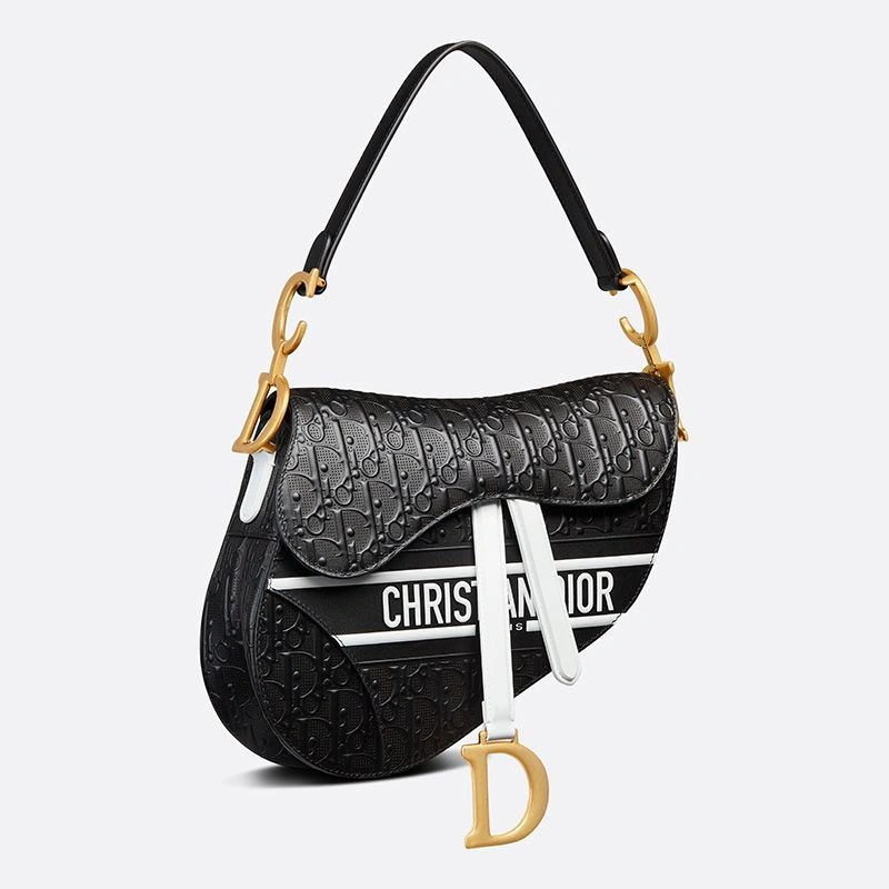 Christian Dior Saddle Bag Oblique Embossed Calfskin Black White GoodFit 5584 - Image 3