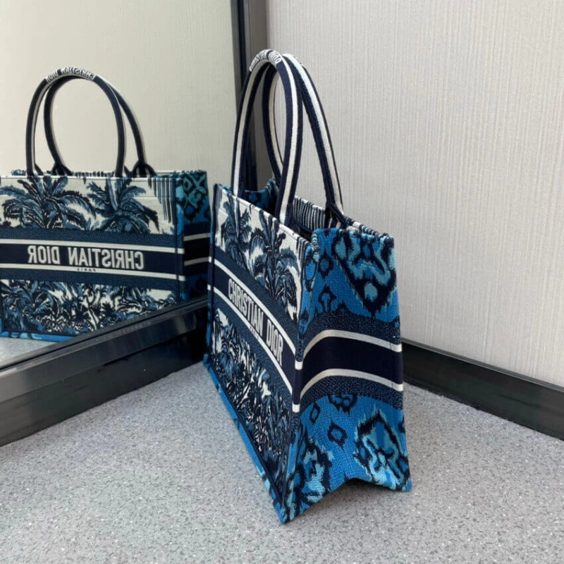 The Dior B Christian Dior Small Book Tote in Blue Palms Embroidery - Image 3