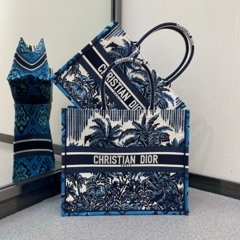 The Dior B Christian Dior Small Book Tote in Blue Palms Embroidery - Image 11