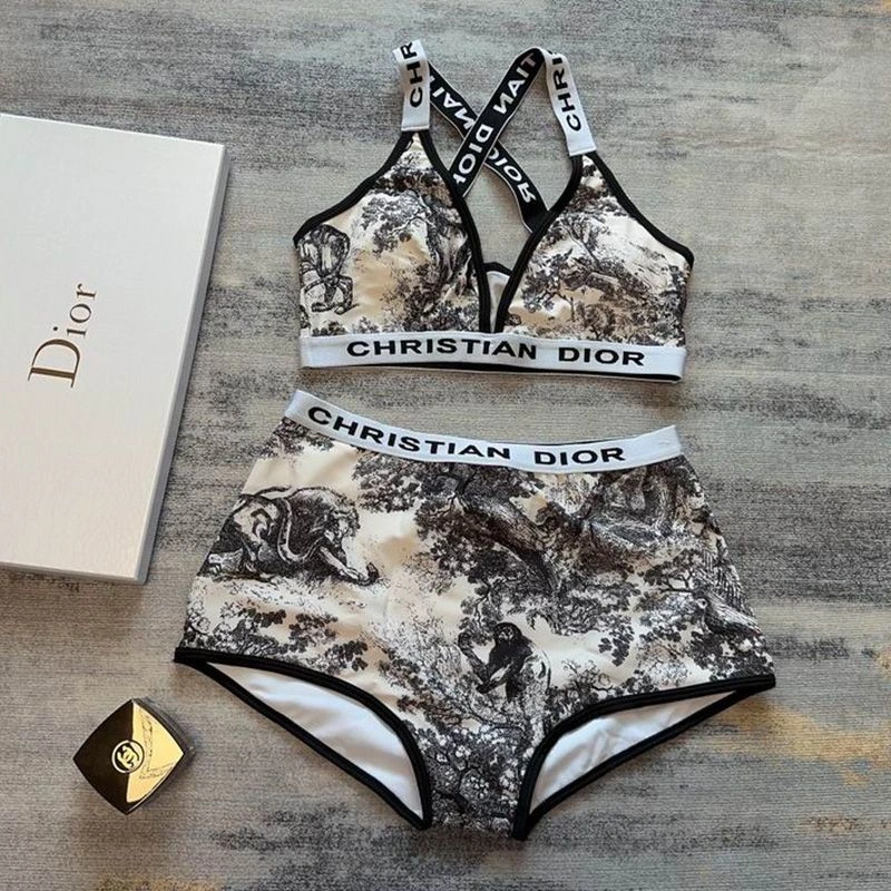 Comfortable 1337 Christian Dior High Waisted Crisscross Bikini Women Toile De Jouy Motif Lycra Beige - Image 3