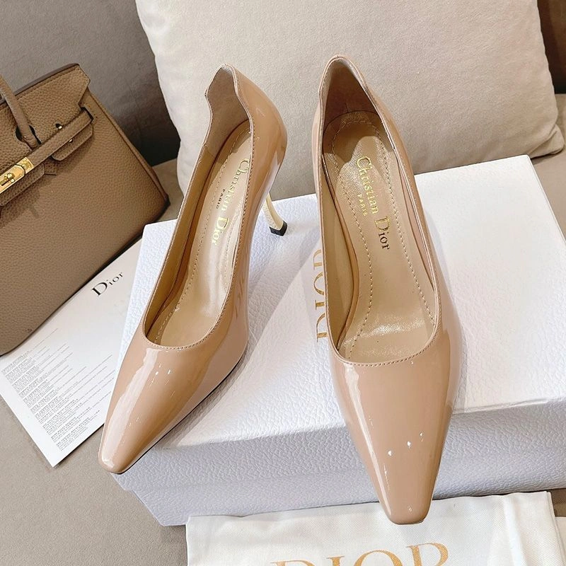 Dior D-Fame Pumps Women Patent Leather Apricot Comfortable 9661 - Image 3