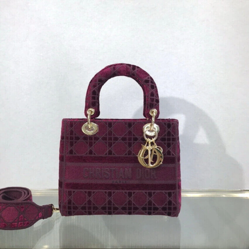 Can be ca Dior Medium Lady D-Lite Bag Burgundy Cannage Embroidered Velvet - Image 3