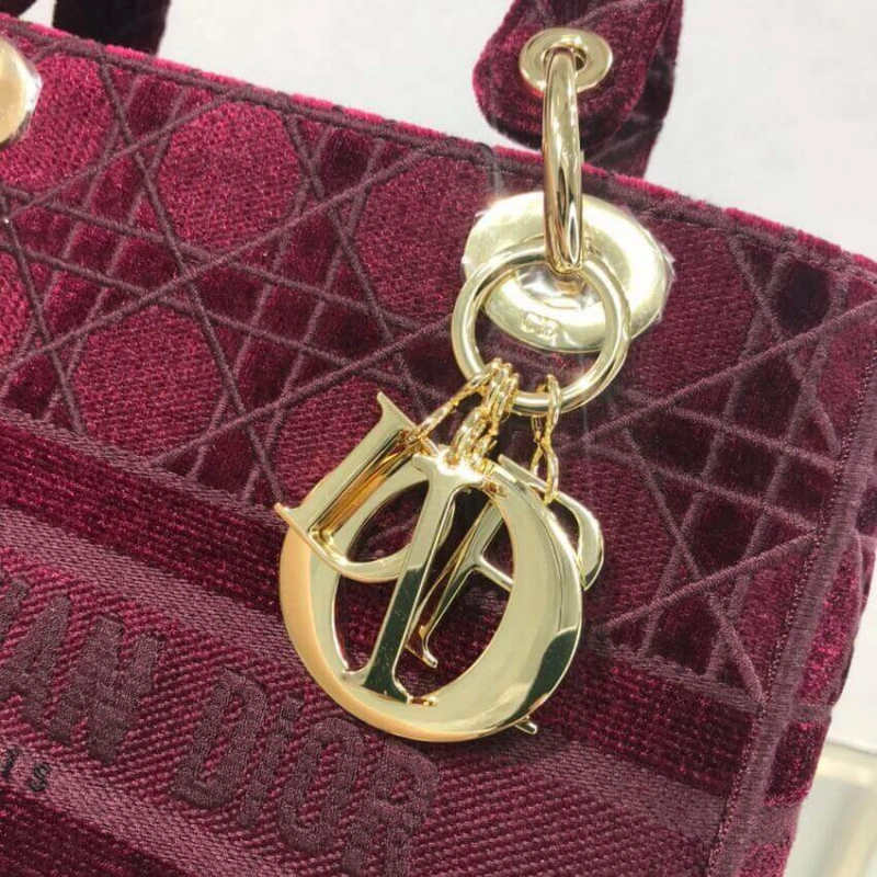 Can be ca Dior Medium Lady D-Lite Bag Burgundy Cannage Embroidered Velvet - Image 8