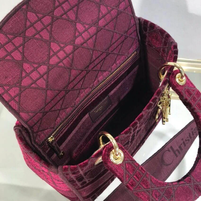 Can be ca Dior Medium Lady D-Lite Bag Burgundy Cannage Embroidered Velvet - Image 11