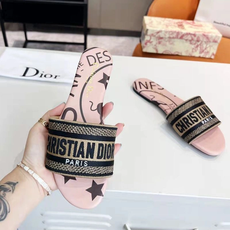 SportInspired 4589 Christian Dior Dway Slides Women Jute Motif Canvas Pink - Image 3