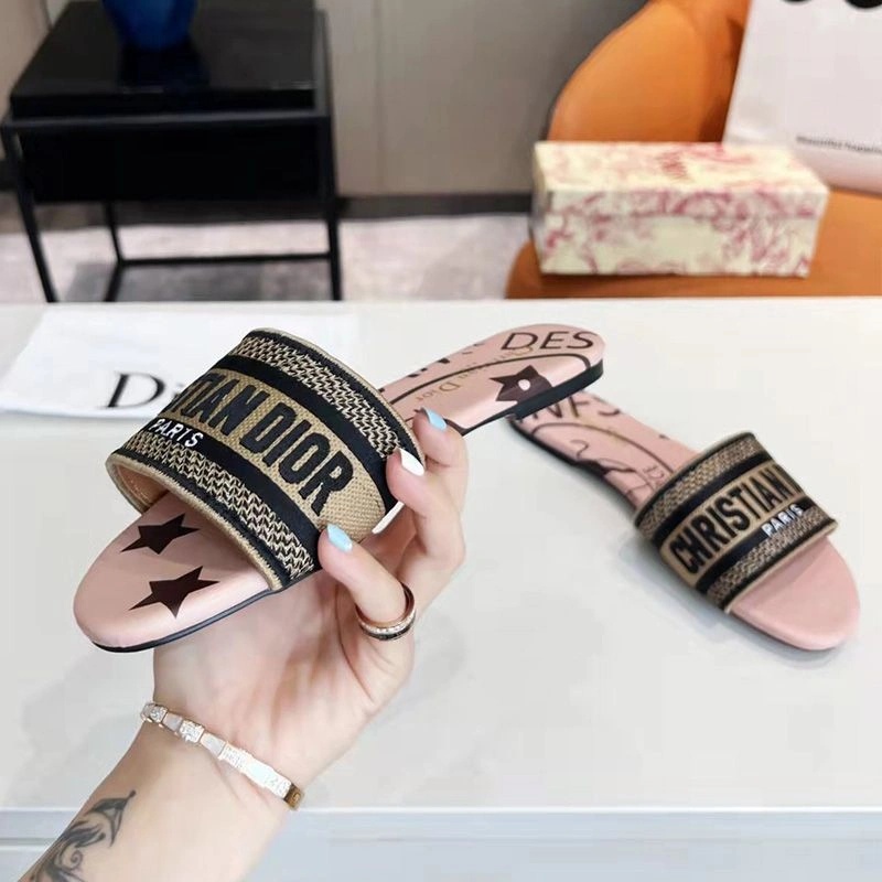 Christian Dior Dway Slides Women Jute Motif Canvas Pink - Image 3