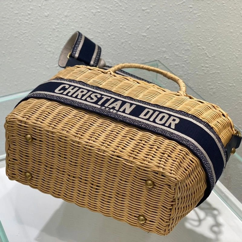 Dior Basket Bag Wicker and Oblique Motif Canvas Blue - Image 4