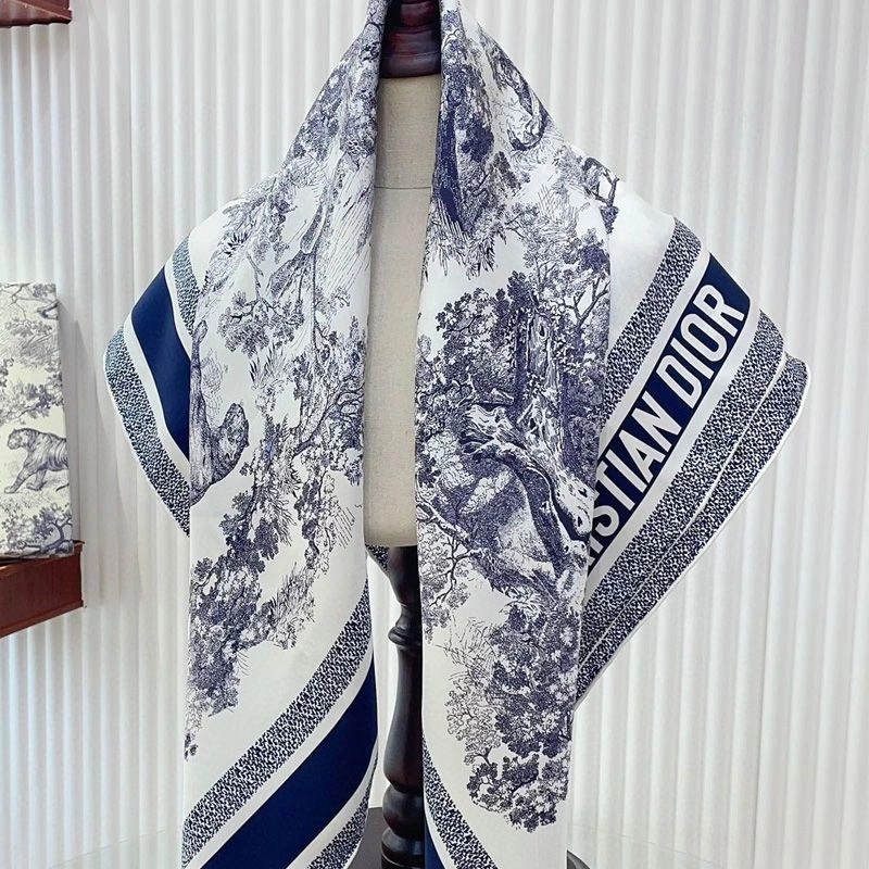 Dior Square Scarf Toile de Jouy Sauvage Motif Silk Blue - Image 3