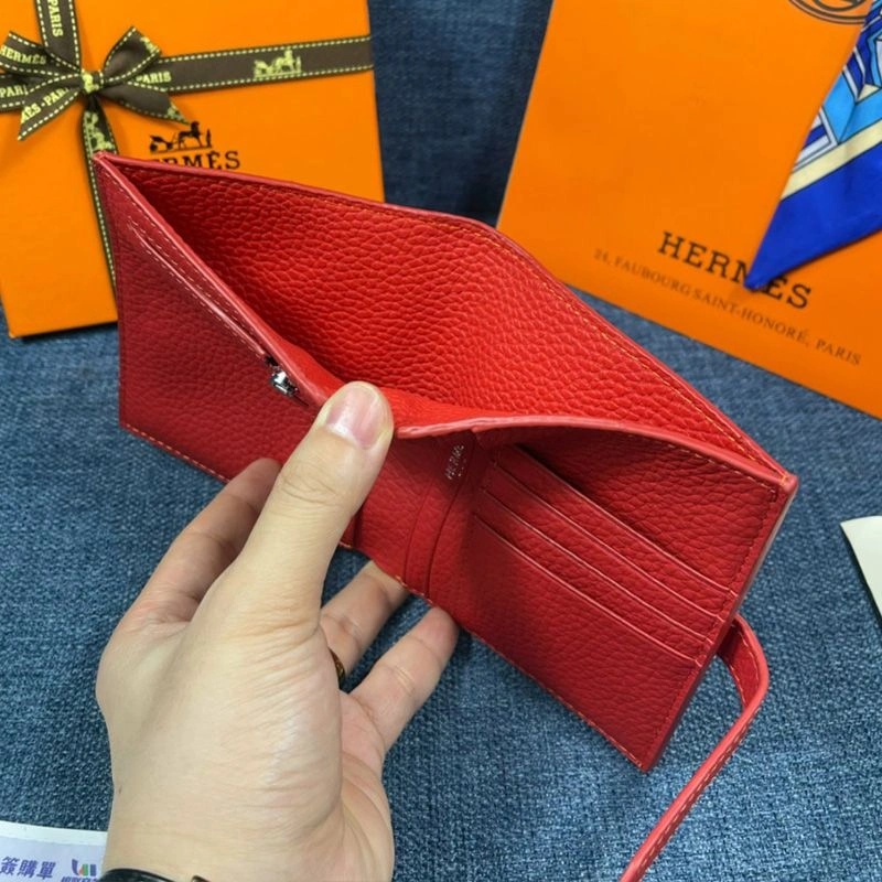 Hermes Bearn Compact Wallet Togo Leather Palladium Hardware In Red - Image 4