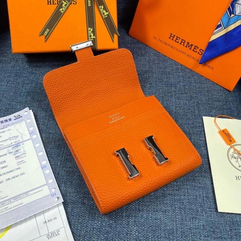 Hermes Constance Compact Wallet Togo Leather Palladium Hardware In Orange - Image 3