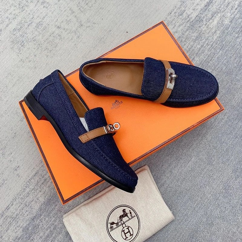 Hermes Destin Loafers Women Denim Canvas with Kelly Buckle In Navy Blue - Image 3