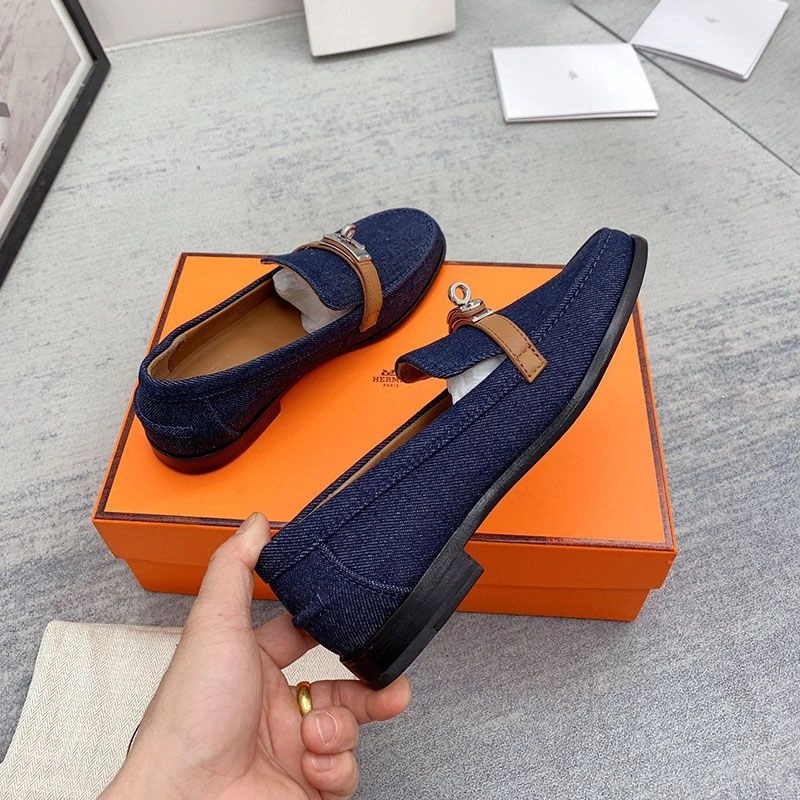Hermes Destin Loafers Women Denim Canvas with Kelly Buckle In Navy Blue - Image 4