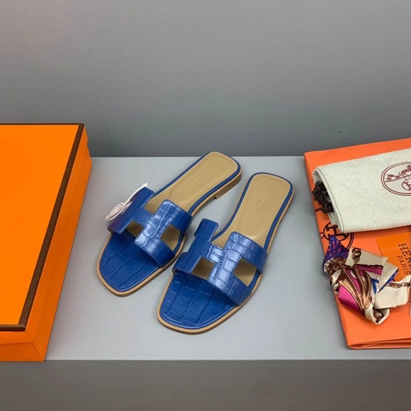 Hermes Oran Slides Women Crocodile Leather In Blue - Image 3