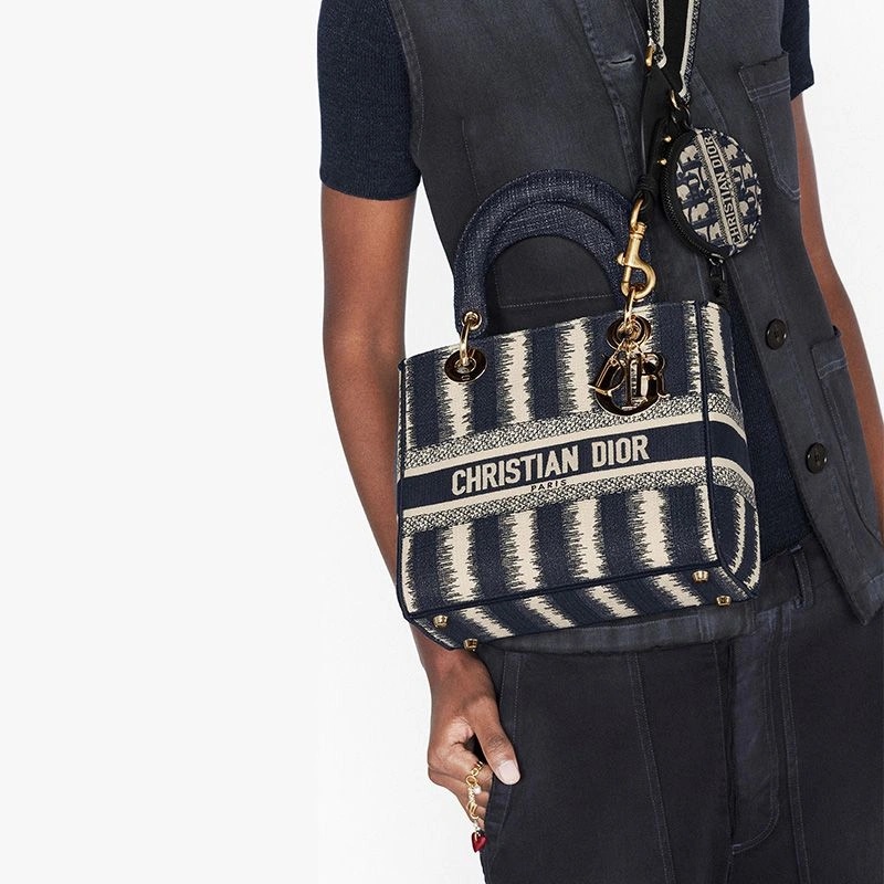 Medium Lady D-lite Bag D-Stripes Motif Canvas Blue - Image 5